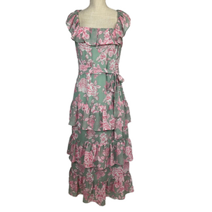 Eliza J Tie Waist Tiered Midi Dress Pink Floral Gray Mint Women 8